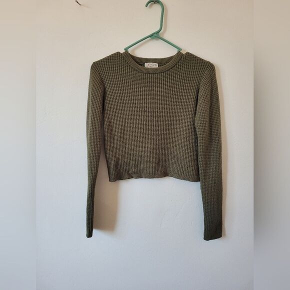 Poof Waffle Knit Pullover Shirt Thick Knit Olive Army Green Cropped Soft Girl M - Picture 5 of 9